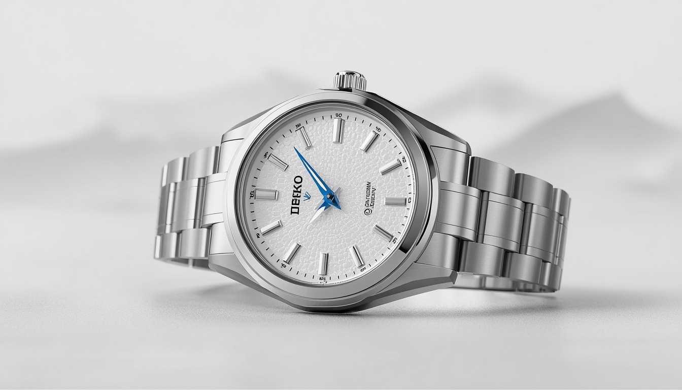 Grand Seiko Snowflake SBGA211 with white textured dial and blue second hand on titanium bracelet