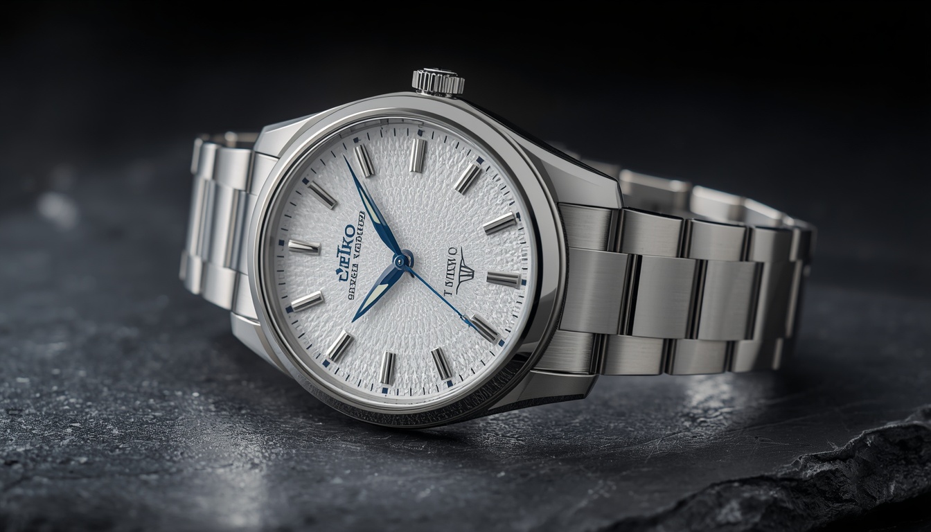 Grand Seiko Spring Drive Snowflake watch with white textured dial and blue second hand on dark surface