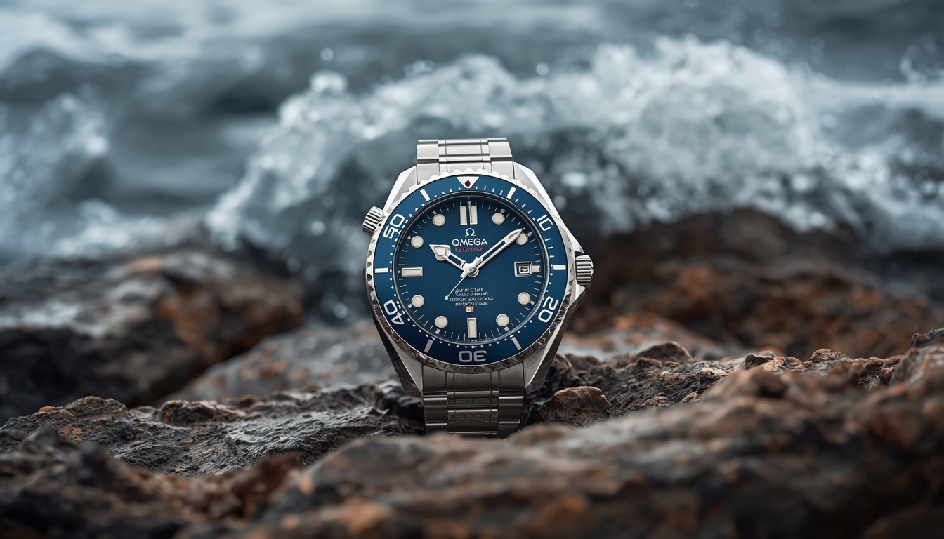 Omega Seamaster Diver 300M stainless steel watch with blue ceramic bezel on rocky ocean shore — The Watchology