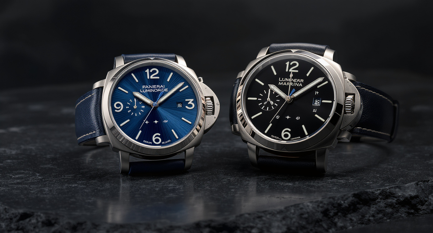 Panerai Luminor Due and Luminor Marina watches side by side comparison on dark slate surface