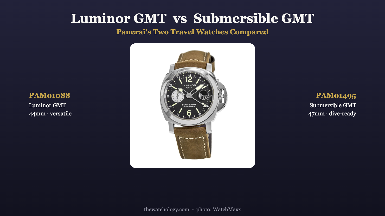 Panerai Luminor GMT PAM01088 vs Submersible GMT PAM01495 travel watch comparison (photo: WatchMaxx)