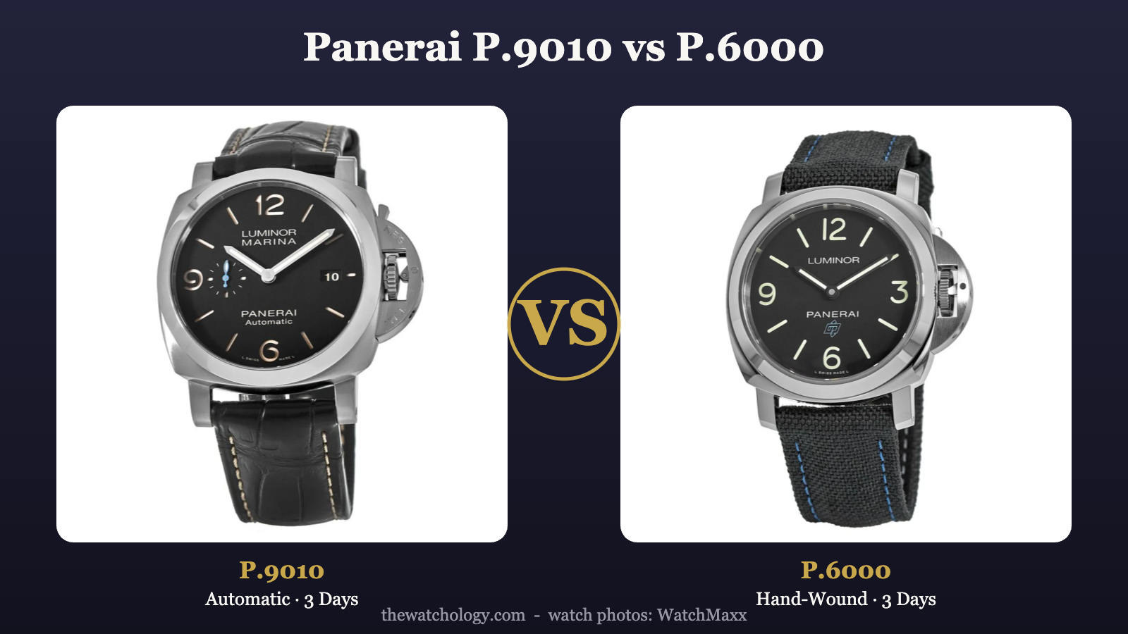 Panerai P.9010 automatic vs P.6000 hand-wound movement comparison illustrated by PAM01312 and PAM00774 (photos: WatchMaxx)