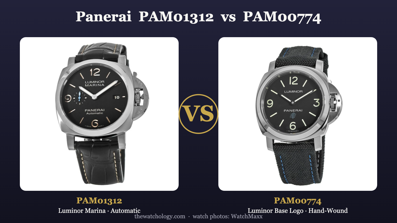Panerai PAM01312 Luminor Marina vs PAM00774 Luminor Base Logo comparison (photos: WatchMaxx)