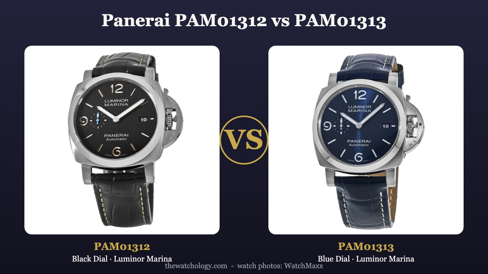 Panerai PAM01312 black dial vs PAM01313 blue dial Luminor Marina comparison (photos: WatchMaxx)