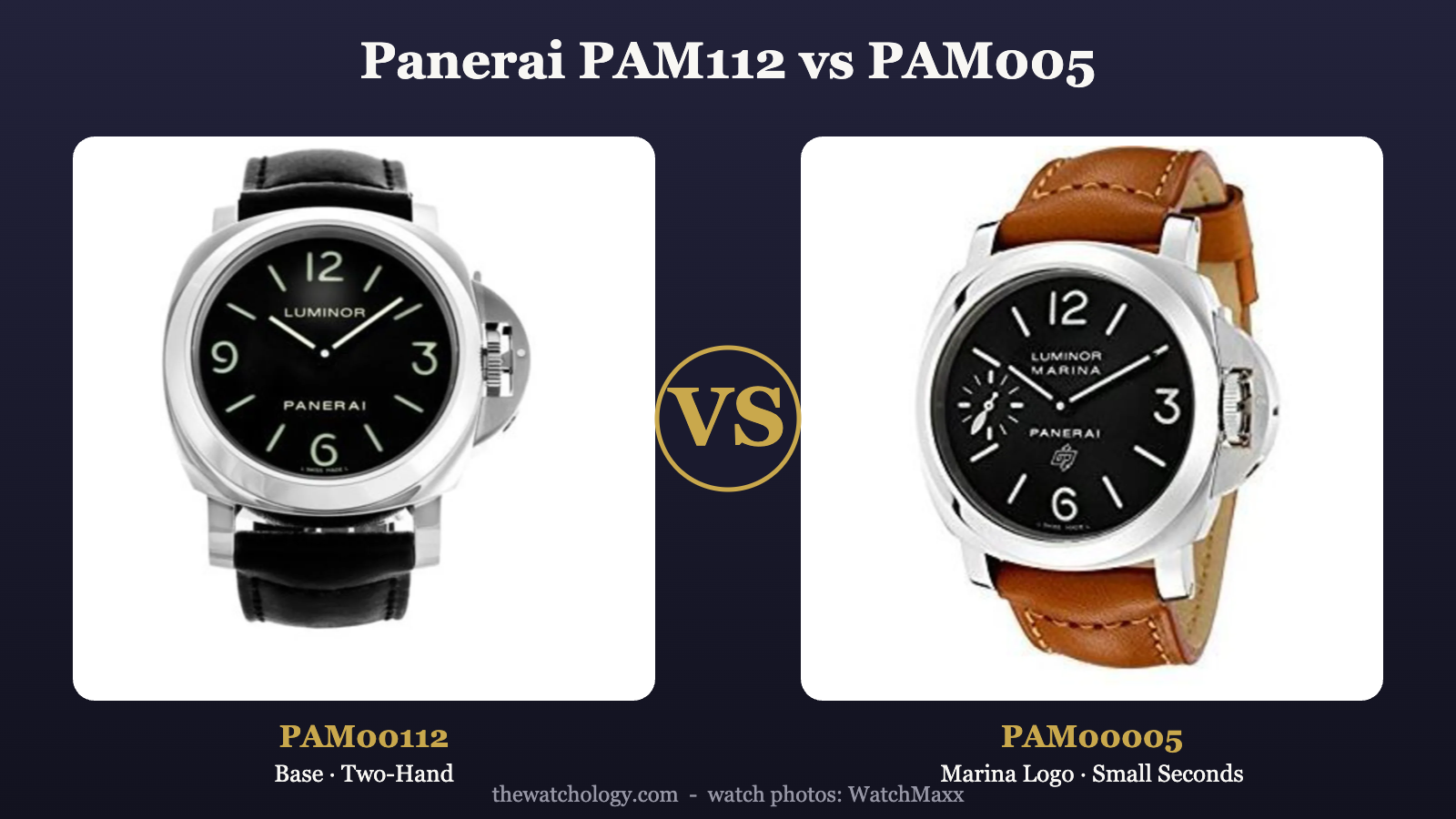Panerai PAM00112 Luminor Base vs PAM00005 Luminor Marina Logo comparison (photos: WatchMaxx)