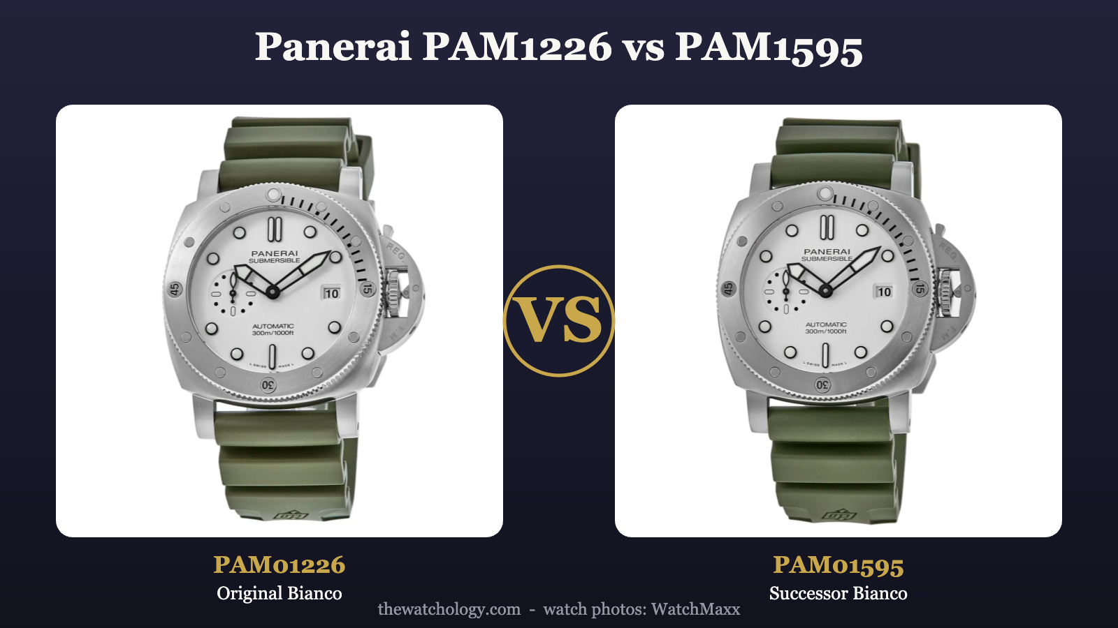 Panerai PAM01226 vs PAM01595 Submersible QuarantaQuattro Bianco white dial comparison (photos: WatchMaxx)