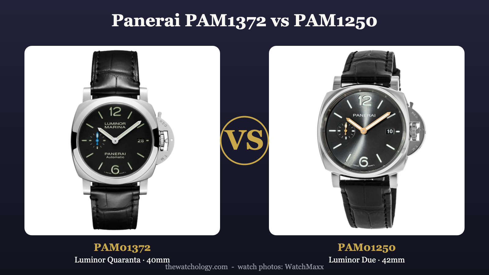 Panerai PAM01372 Luminor Quaranta 40mm vs PAM01250 Luminor Due 42mm comparison (photos: WatchMaxx)