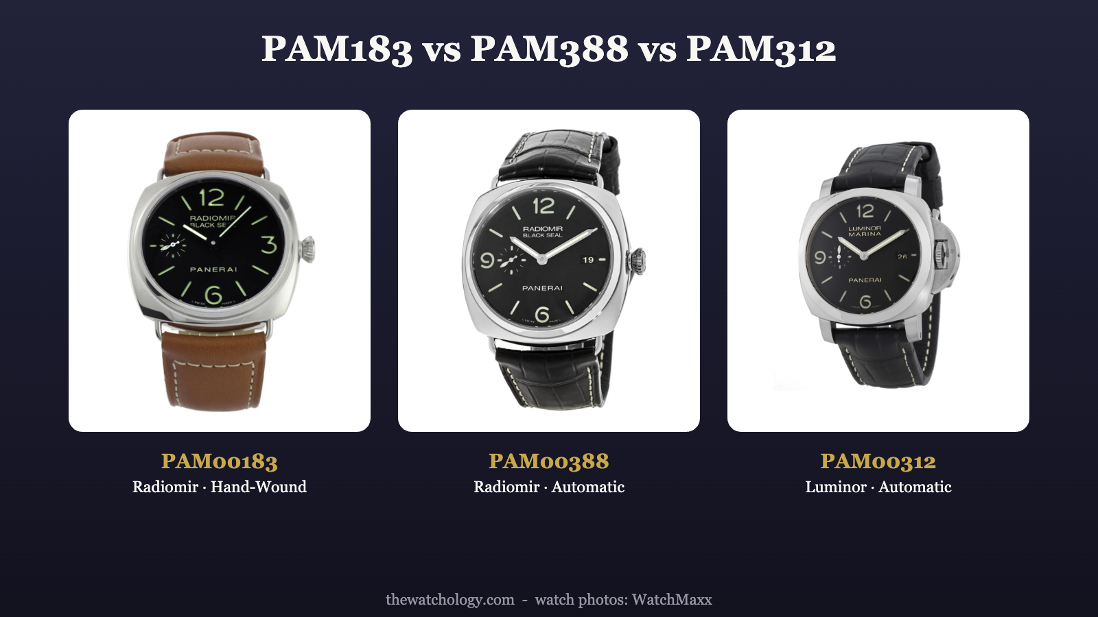 Panerai PAM00183 vs PAM00388 Radiomir vs PAM00312 Luminor three-way comparison (photos: WatchMaxx)
