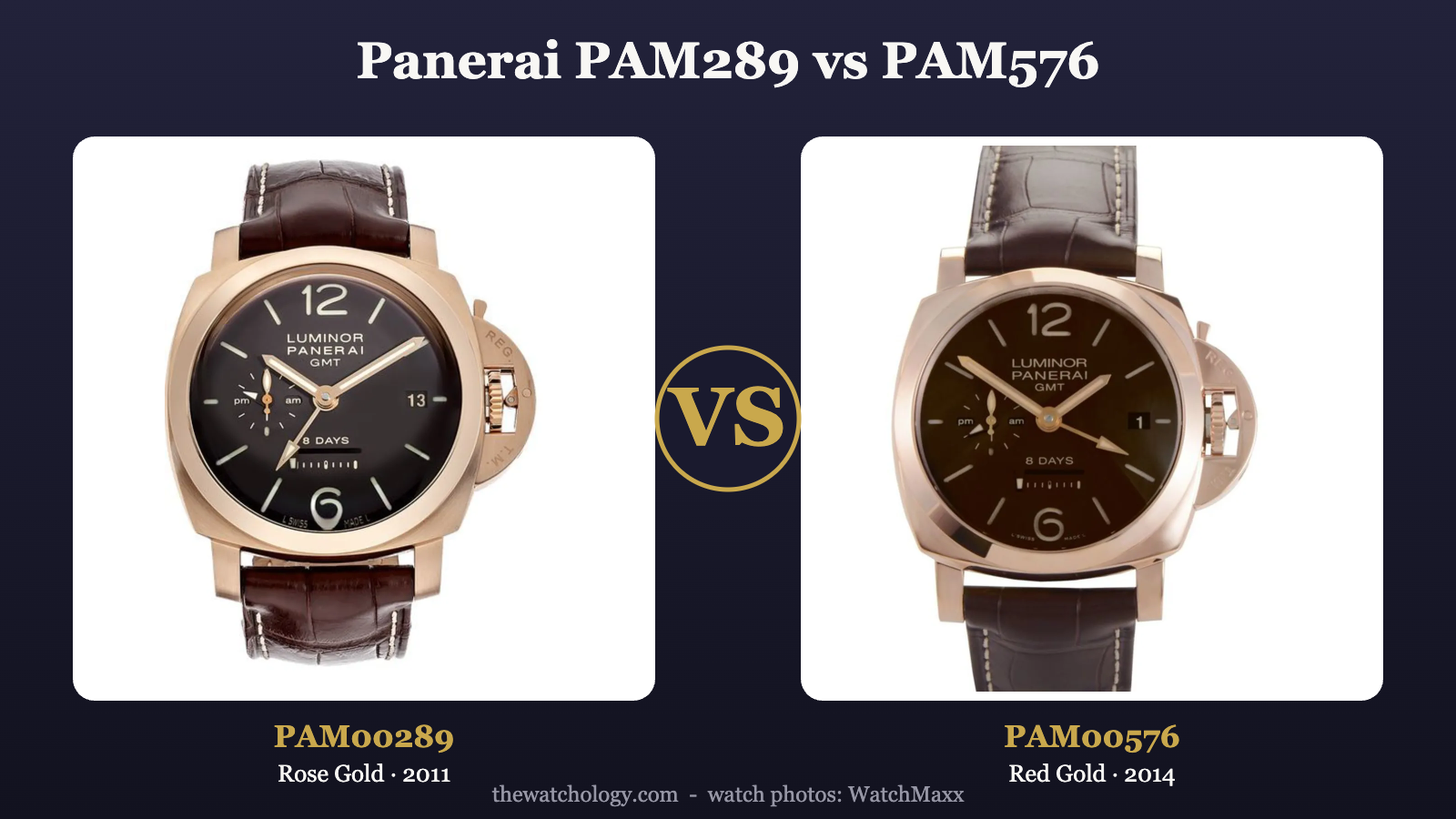 Panerai PAM00289 vs PAM00576 gold Luminor 1950 8 Days GMT comparison (photos: WatchMaxx)
