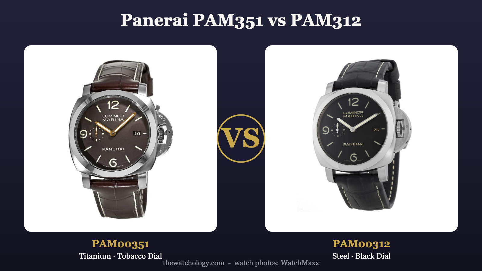 Panerai PAM00351 titanium tobacco dial vs PAM00312 steel black dial Luminor Marina 1950 comparison (photos: WatchMaxx)