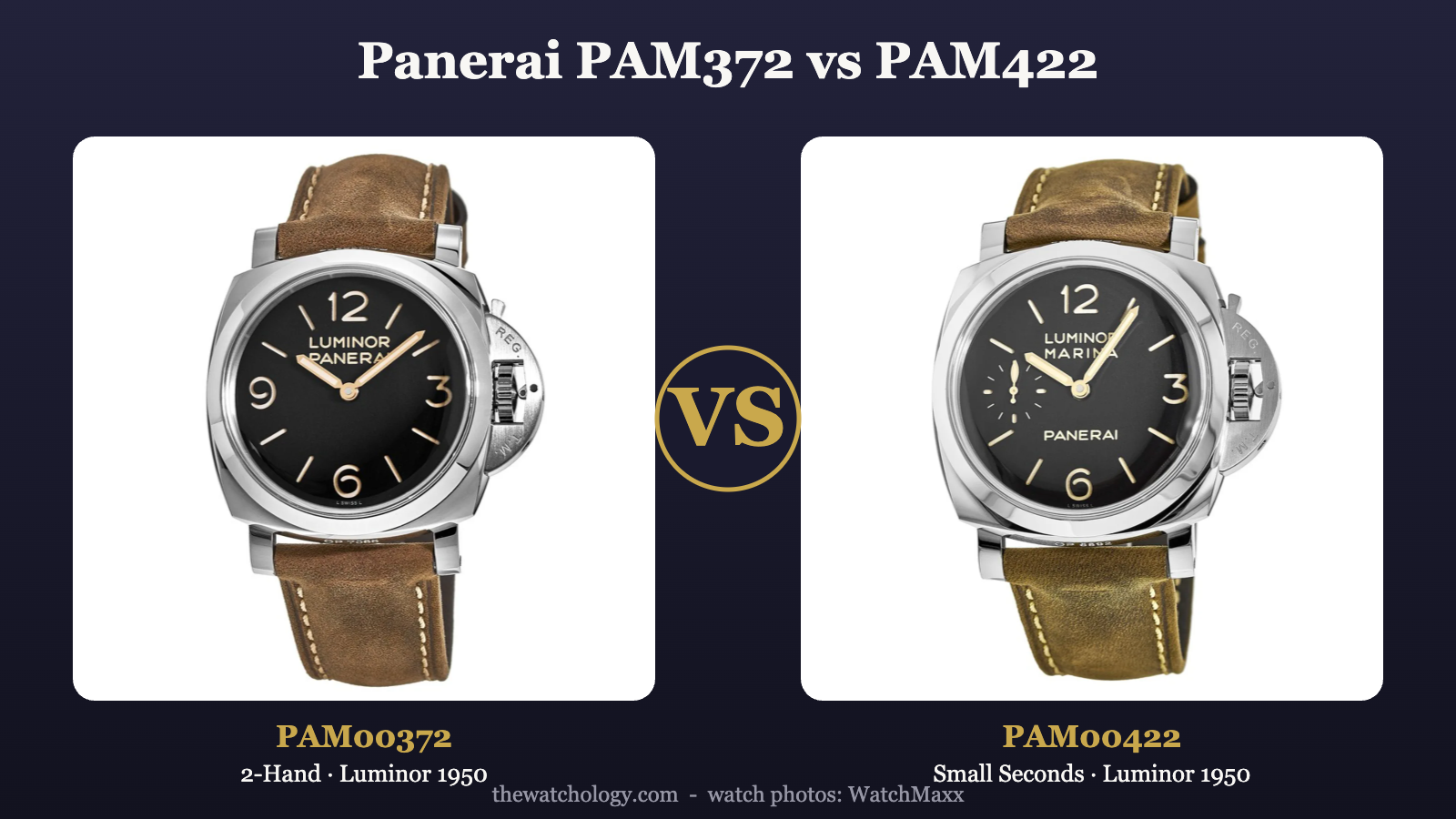 Panerai PAM00372 two-hand vs PAM00422 small-seconds Luminor 1950 comparison (photos: WatchMaxx)