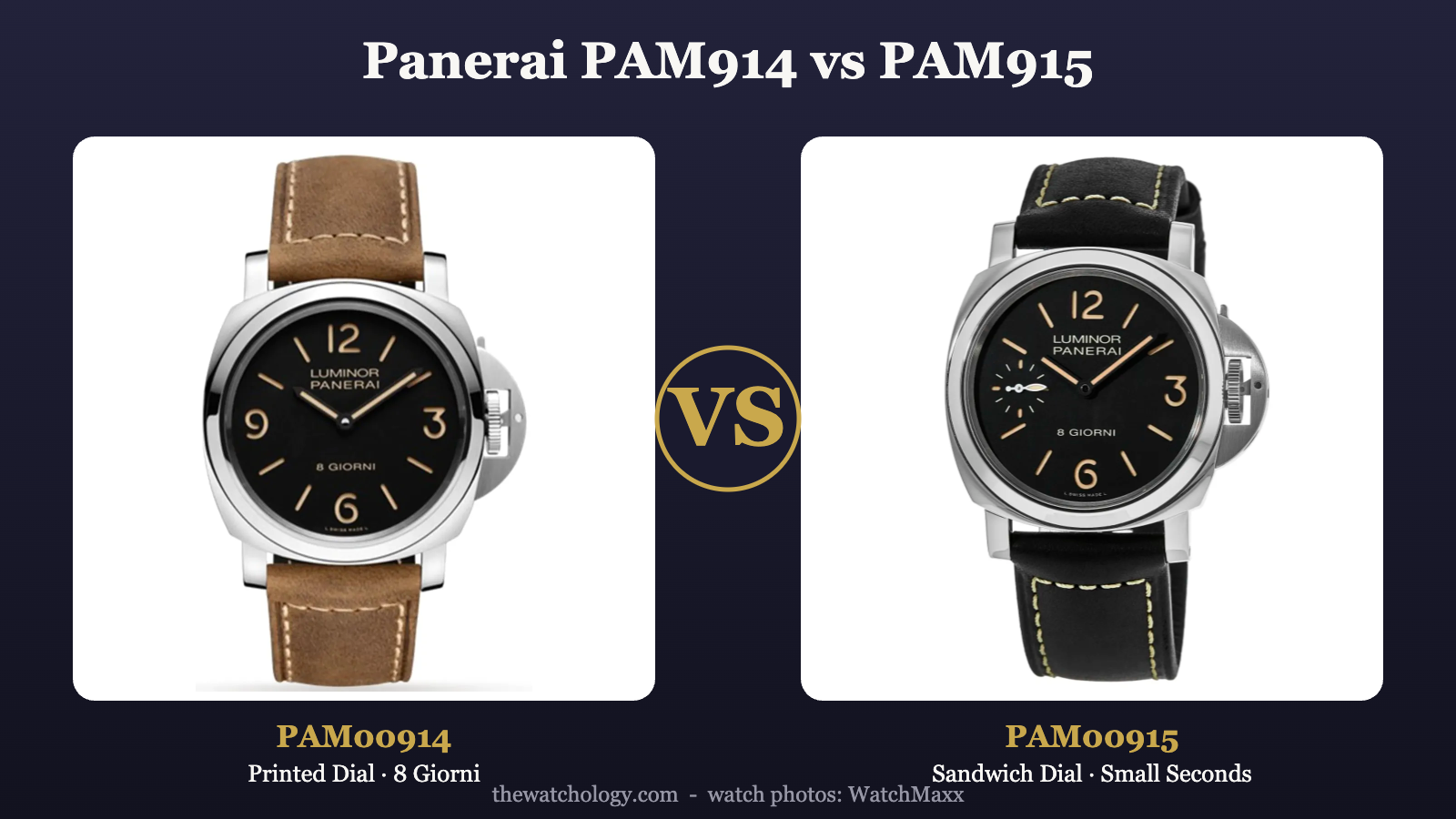 Panerai PAM00914 printed dial vs PAM00915 sandwich dial Luminor 8 Giorni comparison (photos: WatchMaxx)