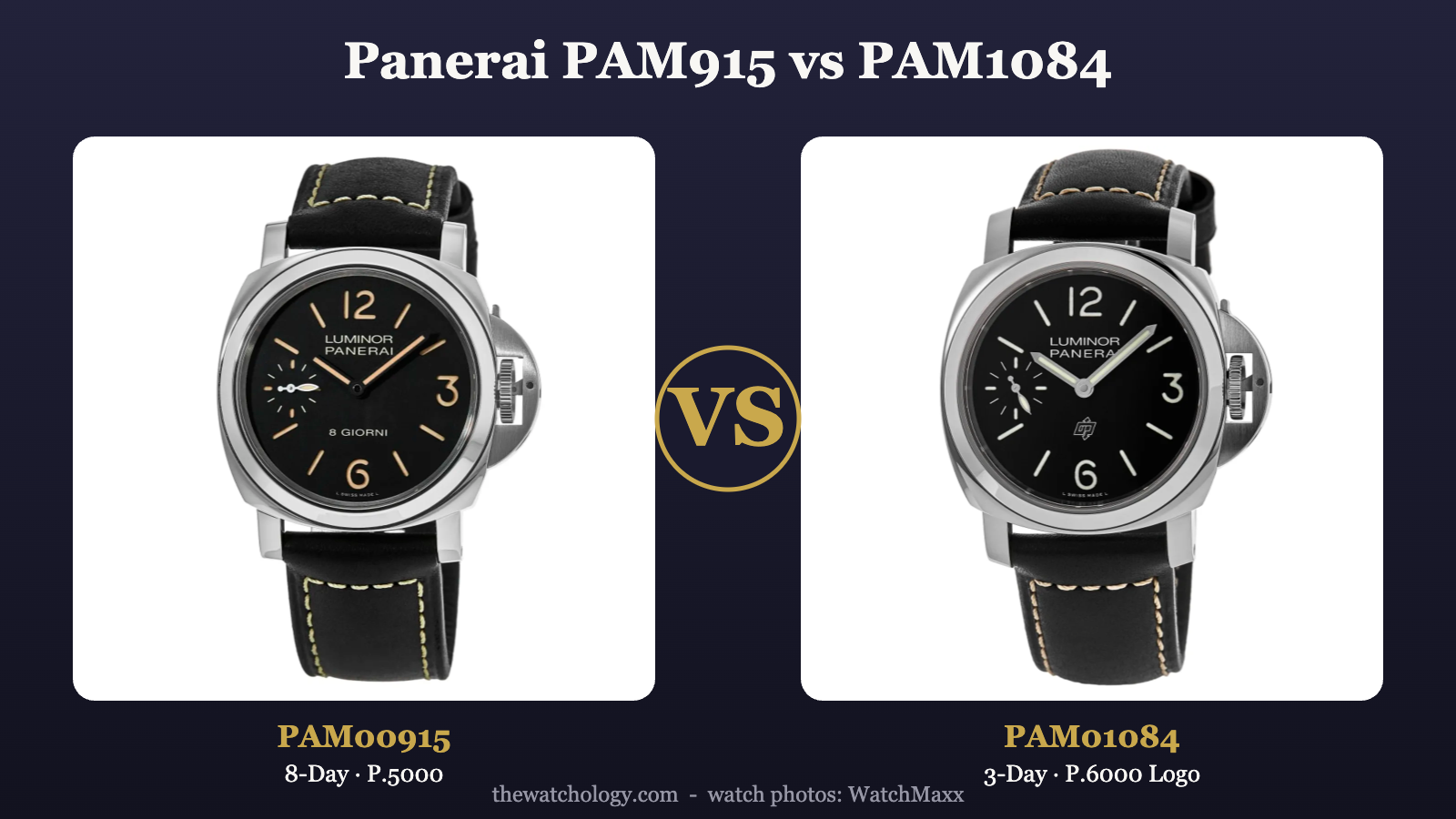 Panerai PAM00915 8-day Luminor vs PAM01084 Luminor Logo 3-day comparison (photos: WatchMaxx)