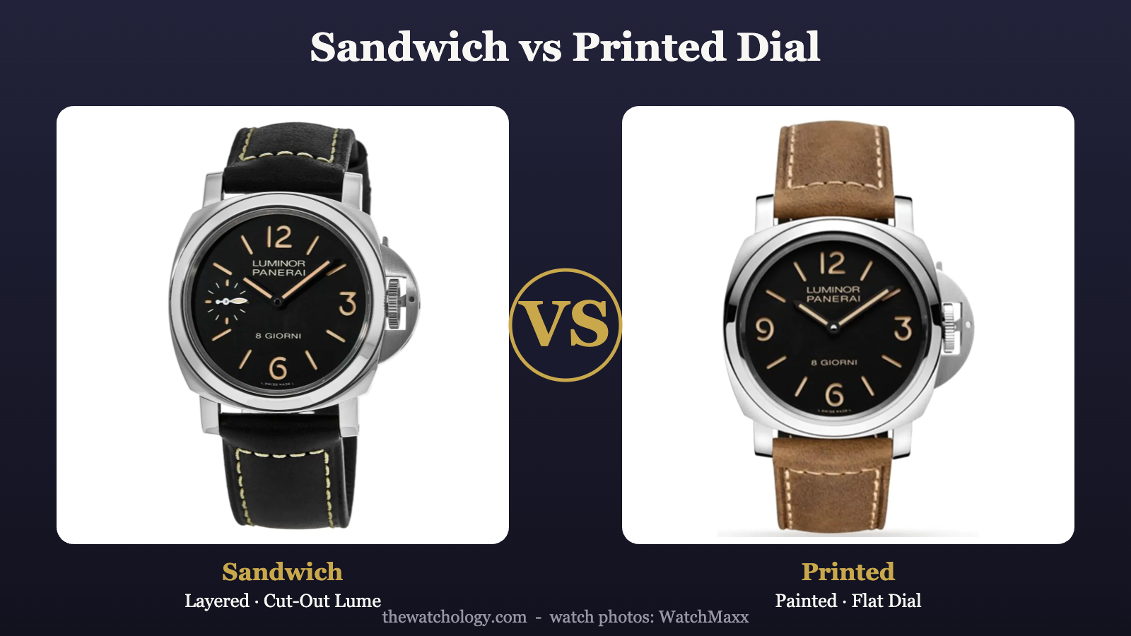 Panerai sandwich dial vs printed dial comparison illustrated by PAM00915 and PAM00914 (photos: WatchMaxx)