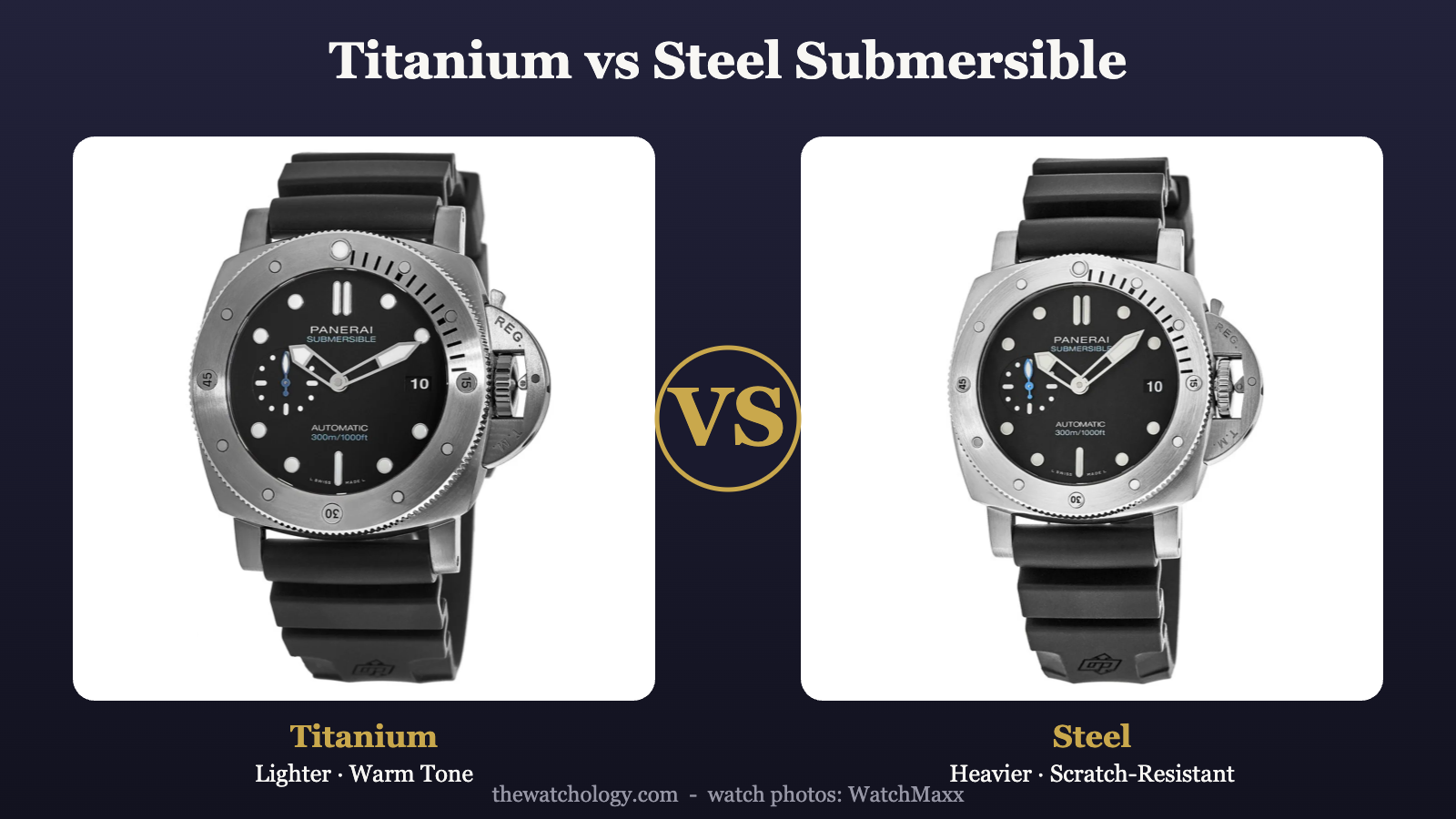 Panerai titanium vs steel Submersible case comparison illustrated by PAM01305 and PAM00973 (photos: WatchMaxx)