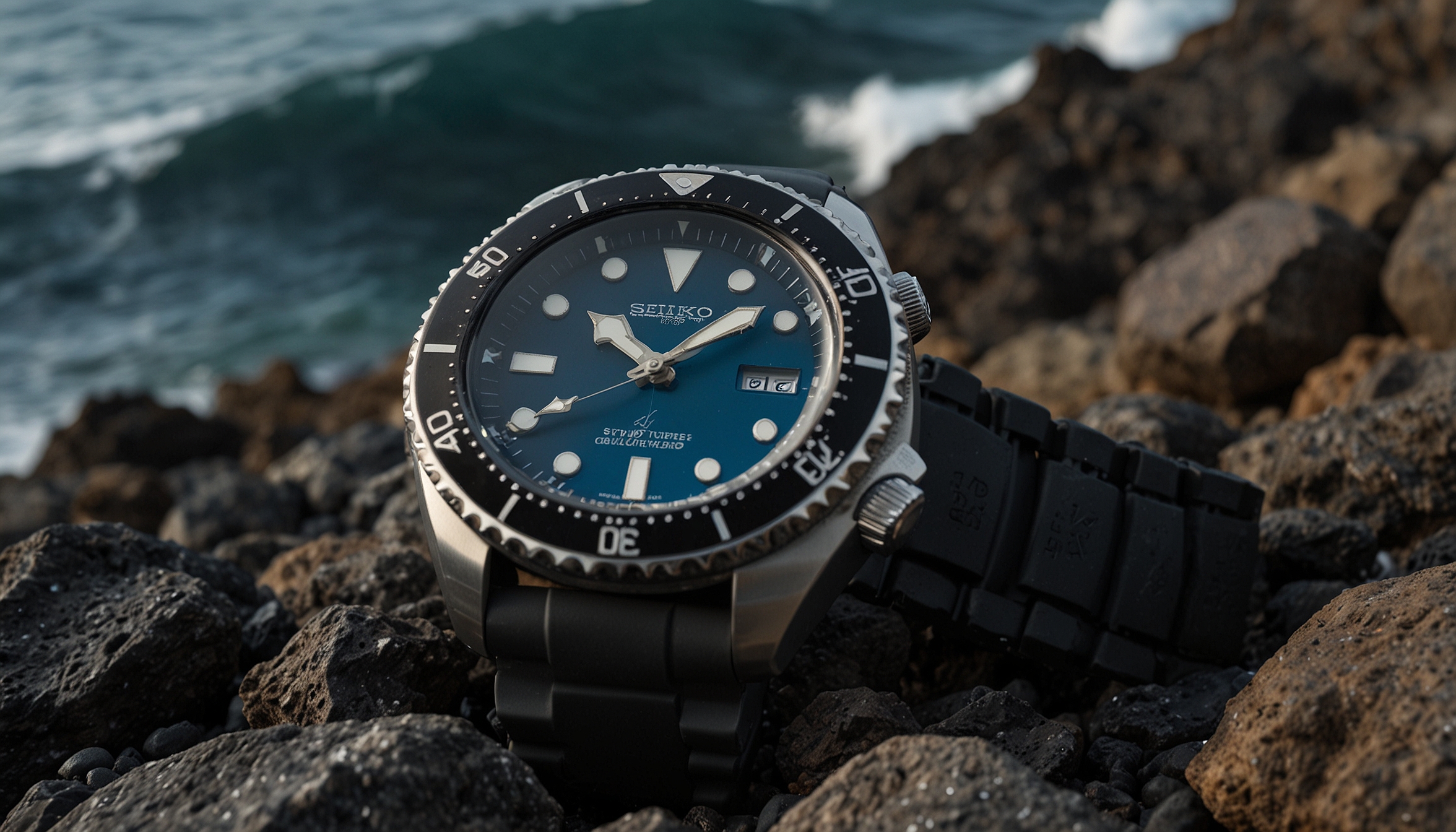 Seiko King Turtle SRPE03 dive watch on coastal rocks with ocean in background — The Watchology