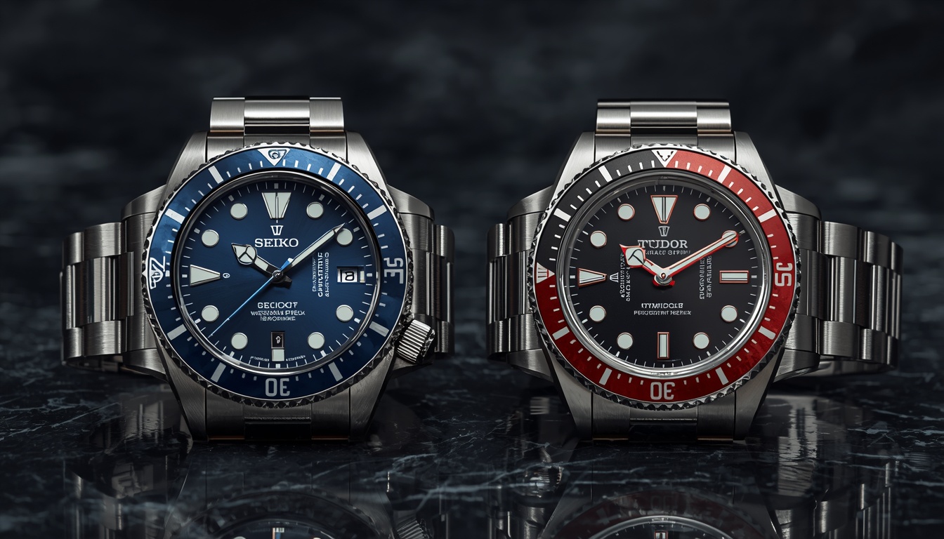 Seiko Prospex dive watch and Tudor Black Bay side by side comparison on dark marble surface