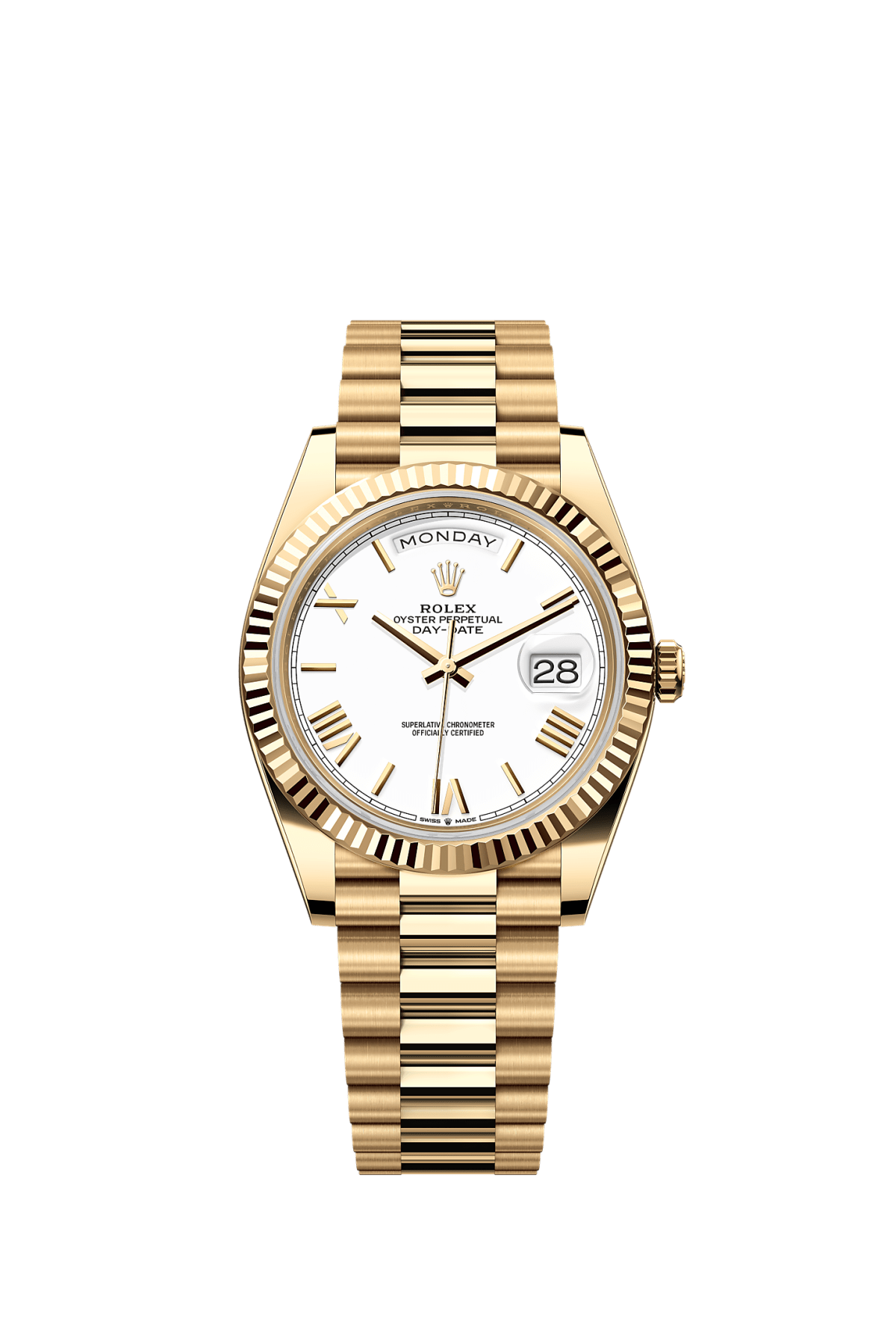 Rolex Day-Date 40 in 18 ct yellow gold with white dial and fluted bezel, reference 228238