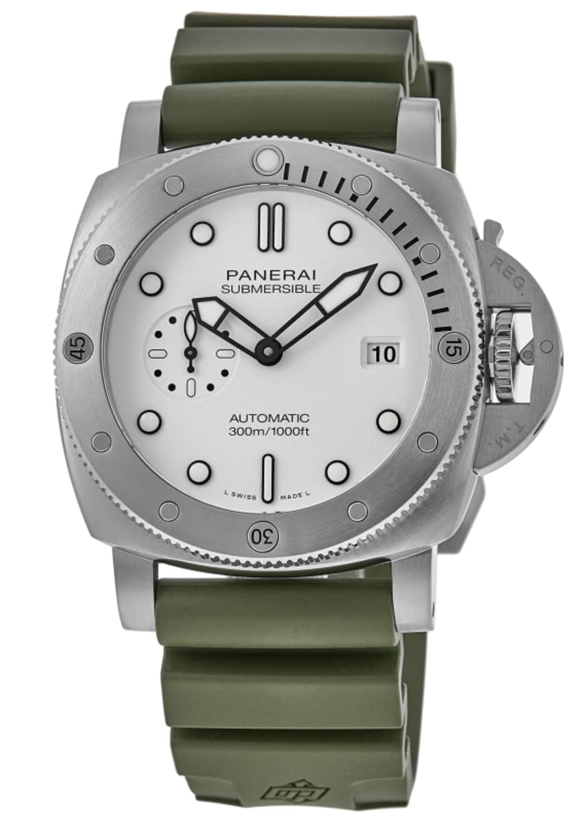 Panerai Submersible QuarantaQuattro PAM01595 white dial 44mm steel dive watch - photo credit WatchMaxx