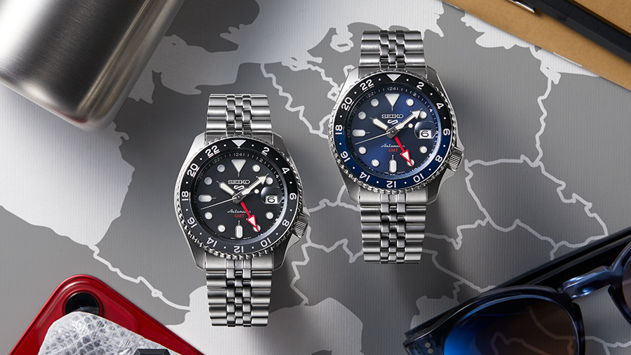 Seiko 5 Sports GMT SSK001 and SSK003 side by side, official Seiko photo