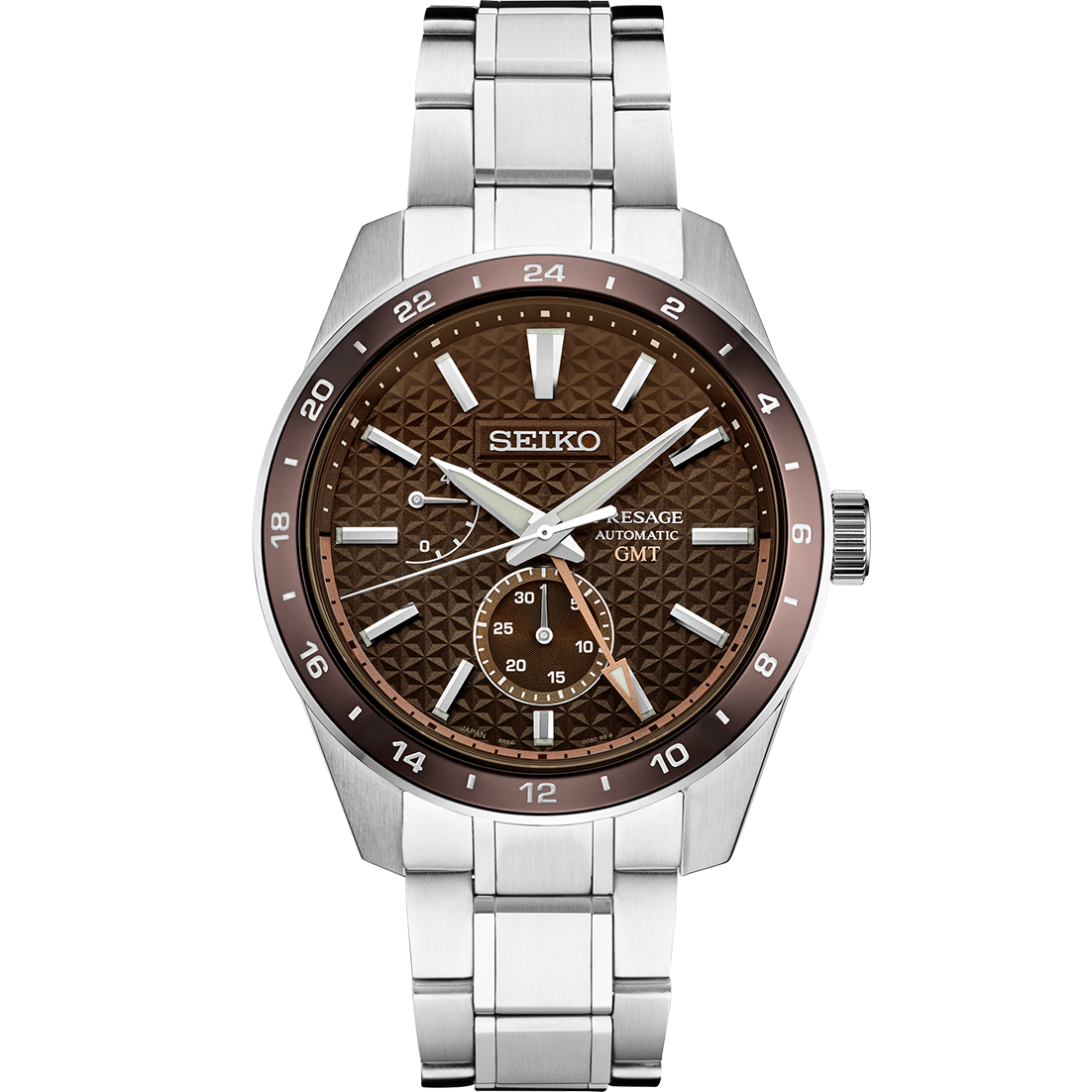 Seiko Presage Sharp Edged Series SPB225 GMT watch with grey asanoha textured dial