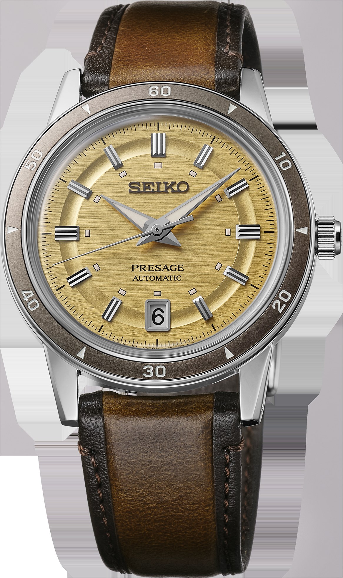 Seiko Presage Style60's SRPL75 with golden mid-century dial and brown leather strap