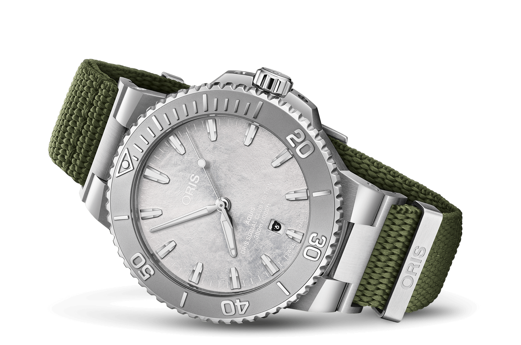 Oris Social Club Edition II – frosted silver Aquis Date dial on olive NATO strap, launched at Geneva Watch Days 2026