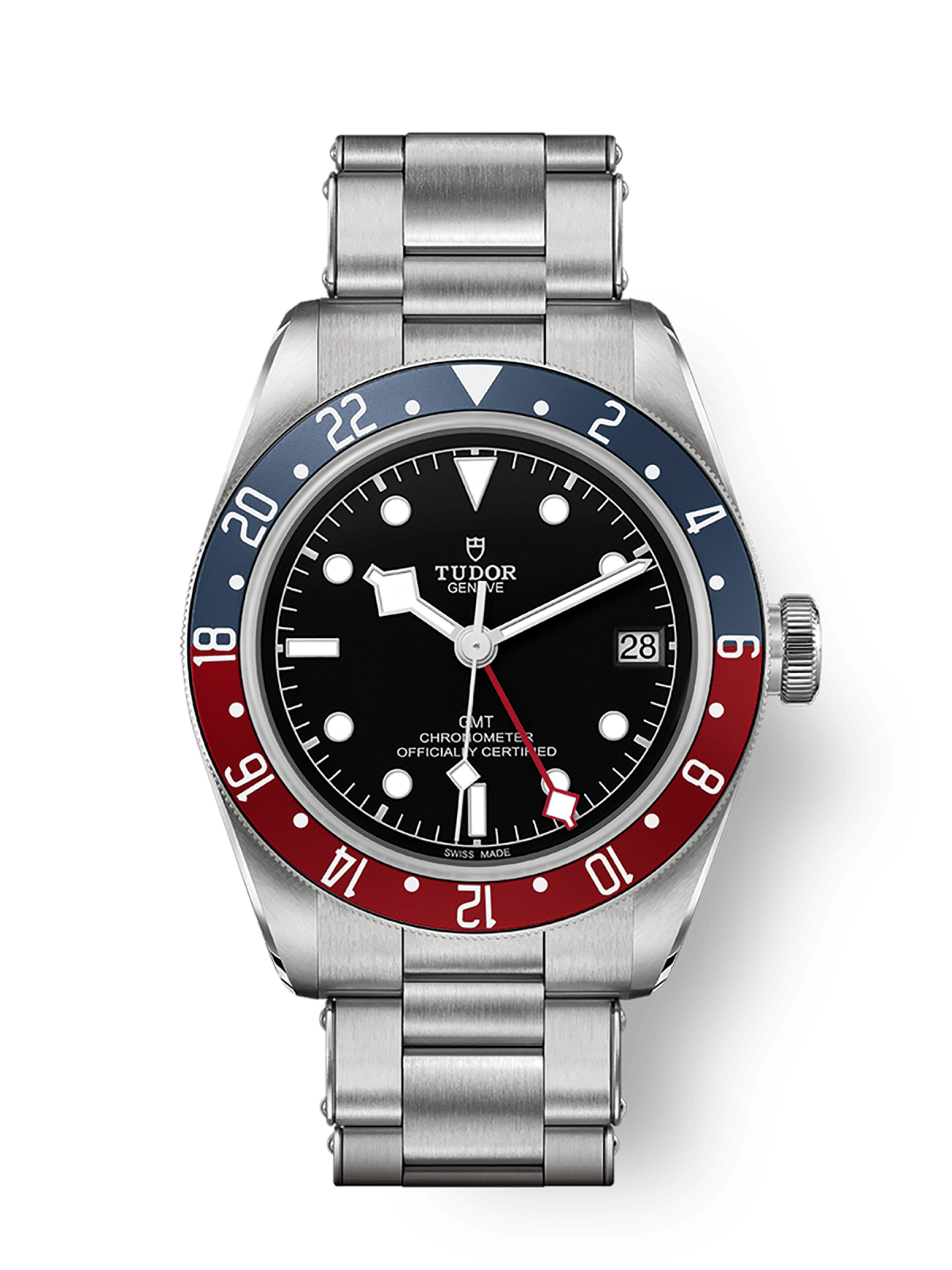Tudor Black Bay GMT M79830RB-0001 with blue dial, blue/black 24-hour bezel, and rivet steel bracelet