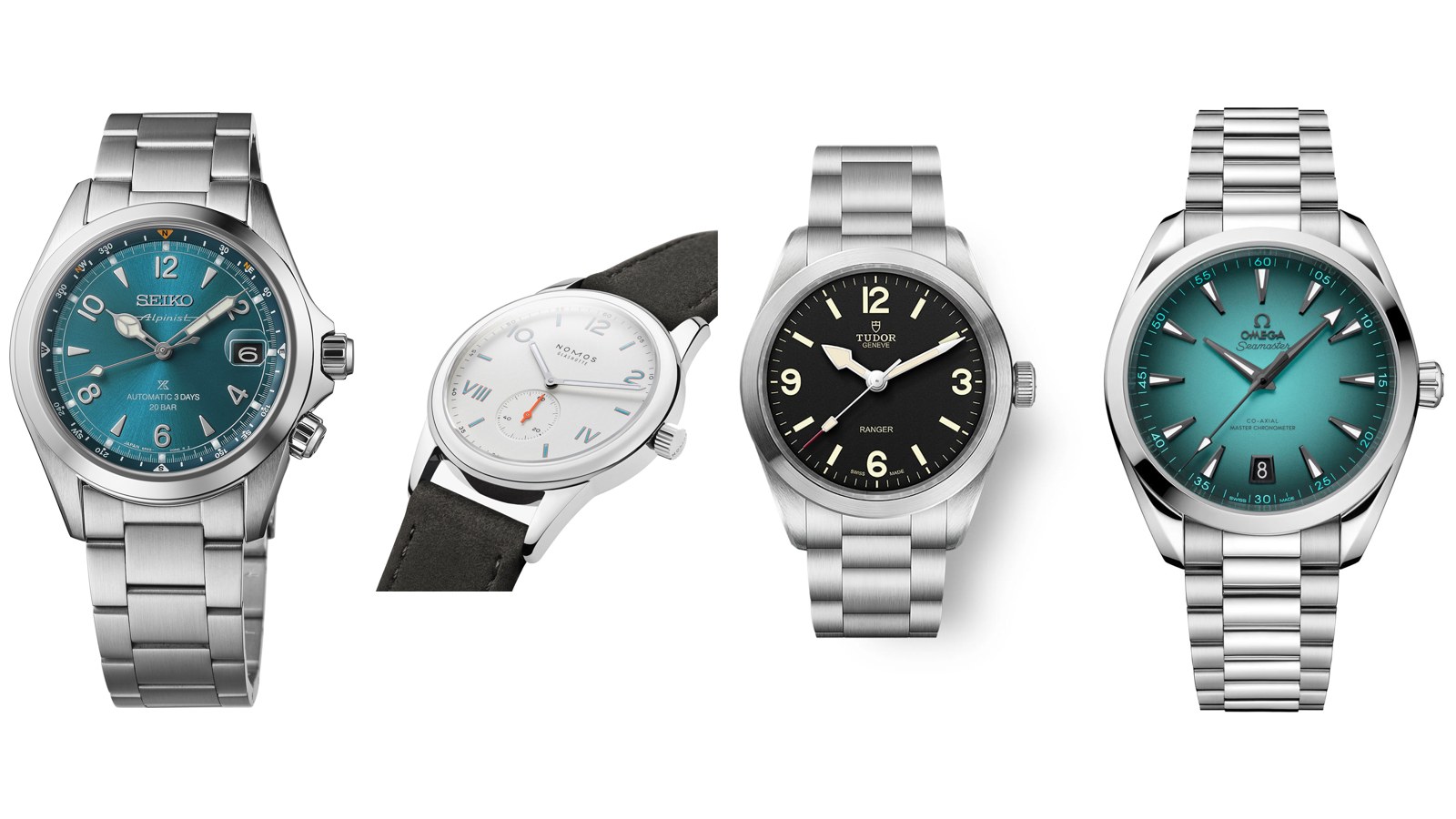Seiko Prospex Alpinist SPB503, Nomos Club Campus 38, Tudor Ranger 39 and Omega Aqua Terra 150M 41mm side by side. Photos: Seiko, NOMOS Glashutte, TUDOR, OMEGA