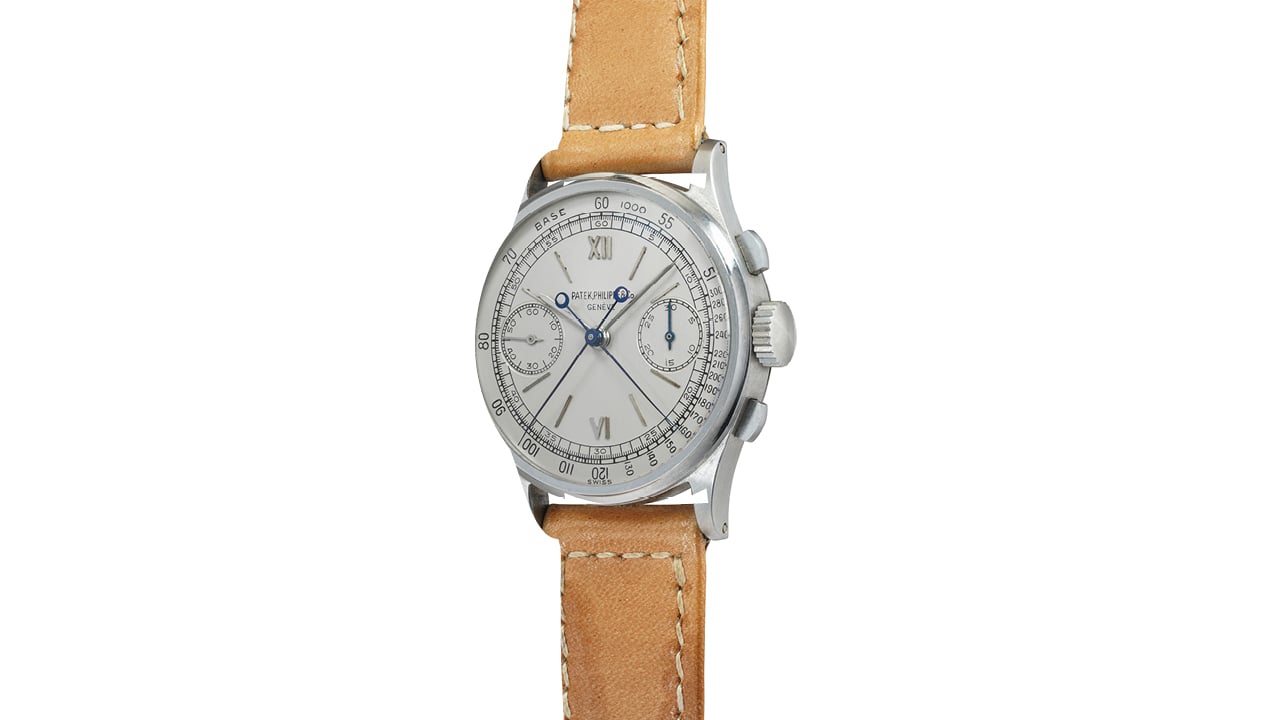 Patek Philippe Reference 1436 stainless steel split-seconds chronograph, Lot 95 at Phillips Geneva Watch Auction XXIV, November 2026. Estimate CHF 2–4 million.