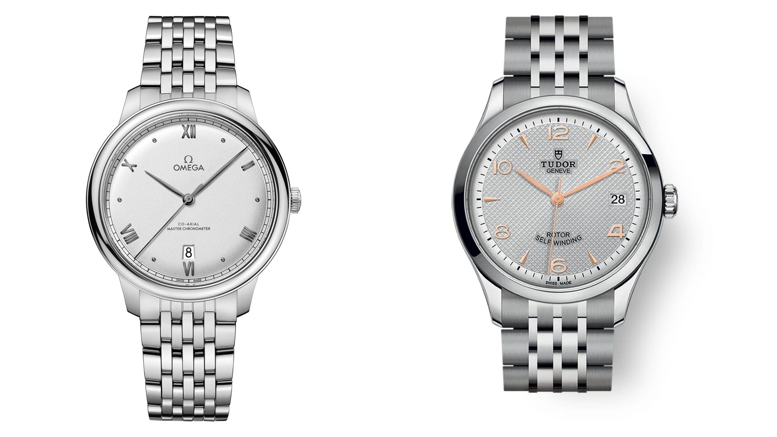 Omega De Ville Prestige 40mm (left) and Tudor 1926 36mm M91450-0001 (right), steel on bracelet. Photos: OMEGA, TUDOR